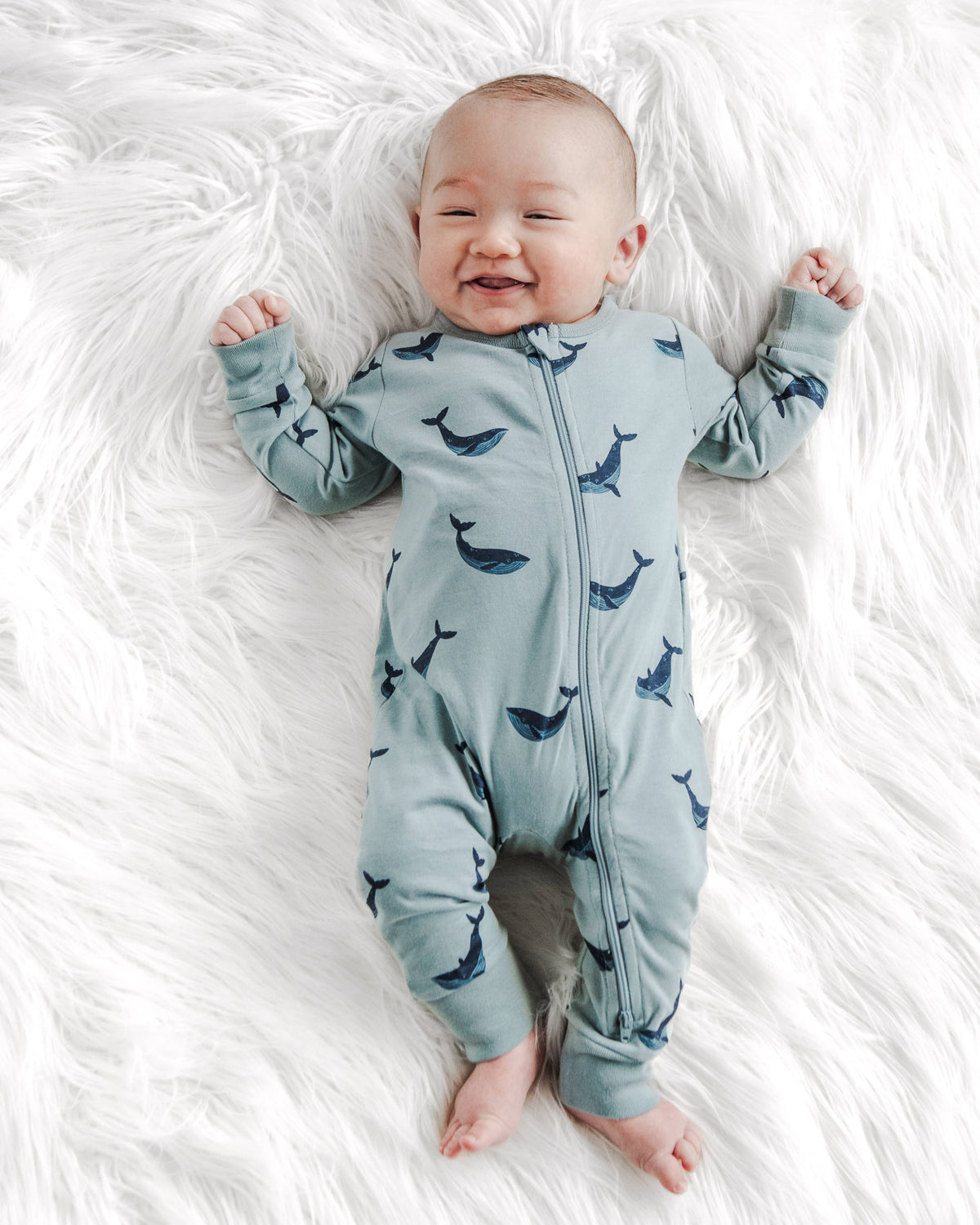 Baby Spring and Summer Zip Romper- Blue Whales